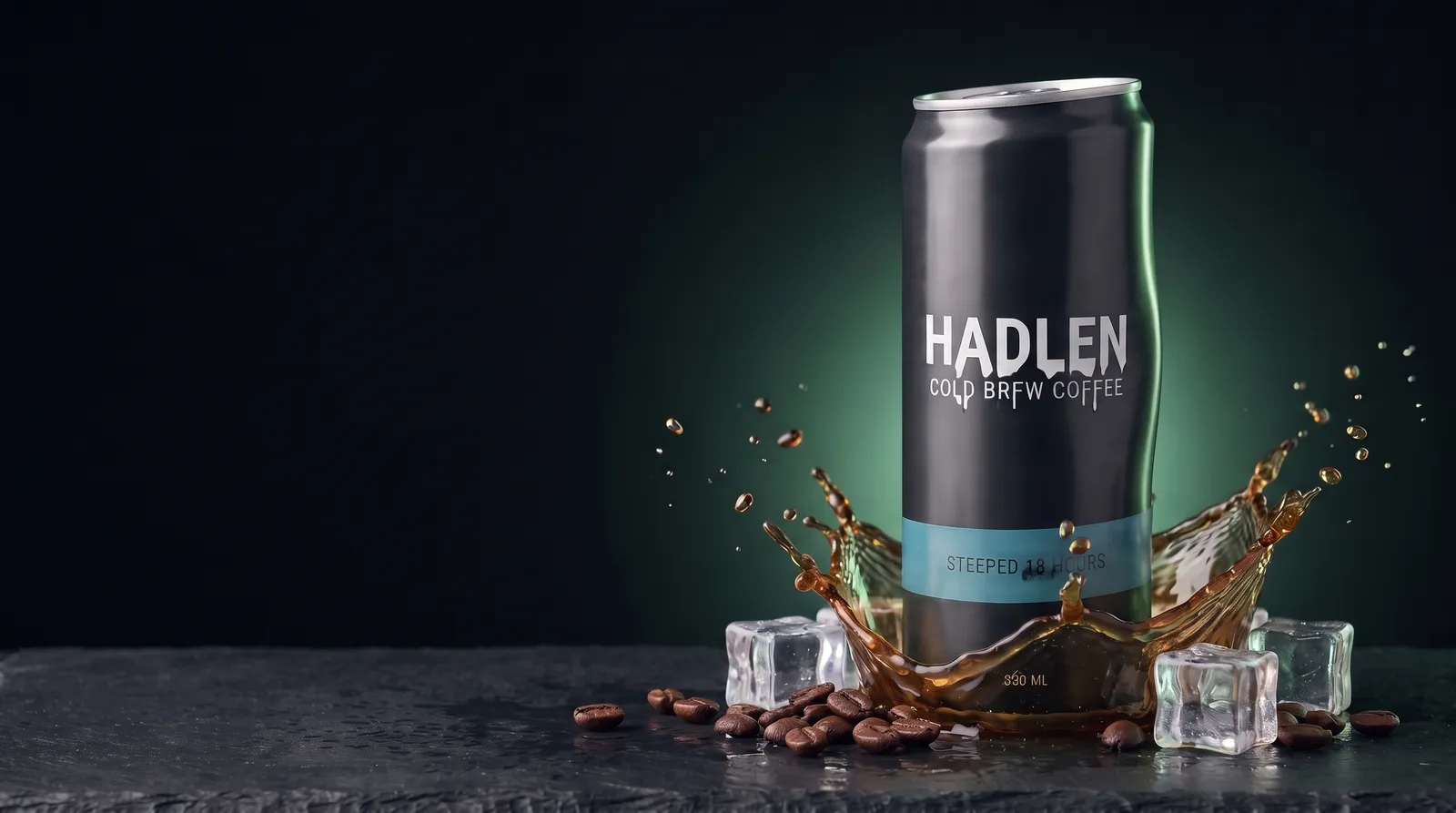 Typical AI product shot of a cold brew can with a misspelled, warped label and drifted colours