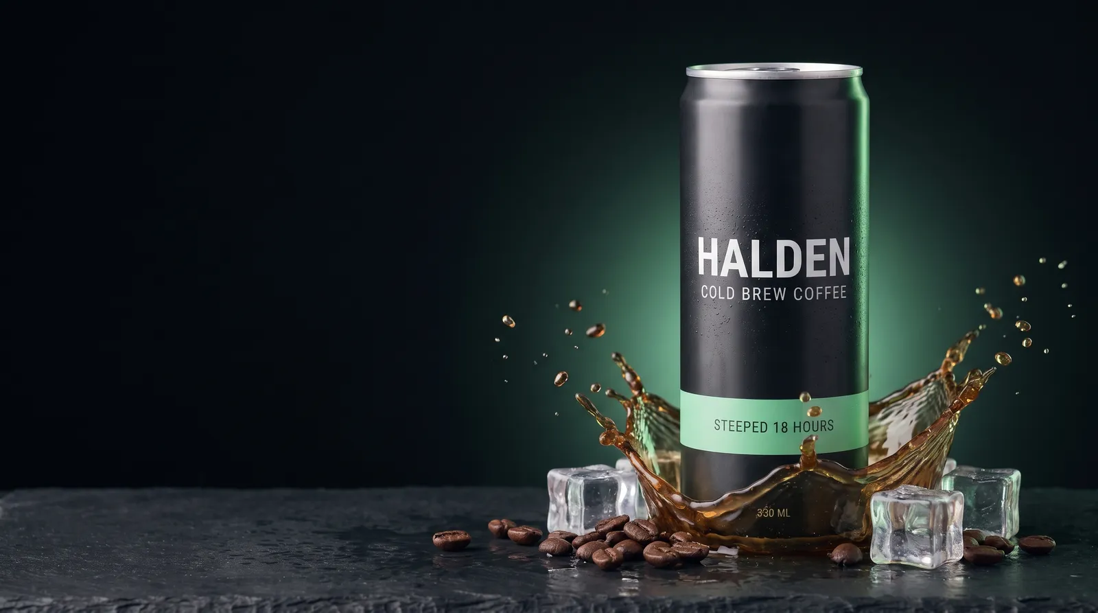 Product-accurate shot of the HALDEN cold brew can with the real label locked